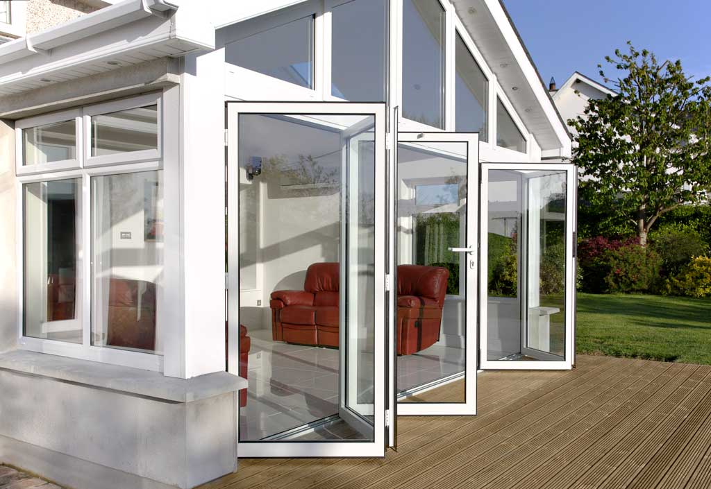 open white upvc bifold doors on a patio trade supply only