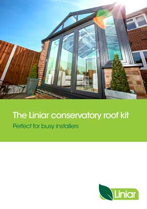 Liniar Conservatory Roof Brochure thumbnail with green logo and sunny conservatory