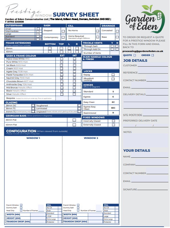 prestige window survey sheet