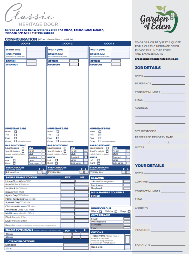 classic heritage door survey sheet